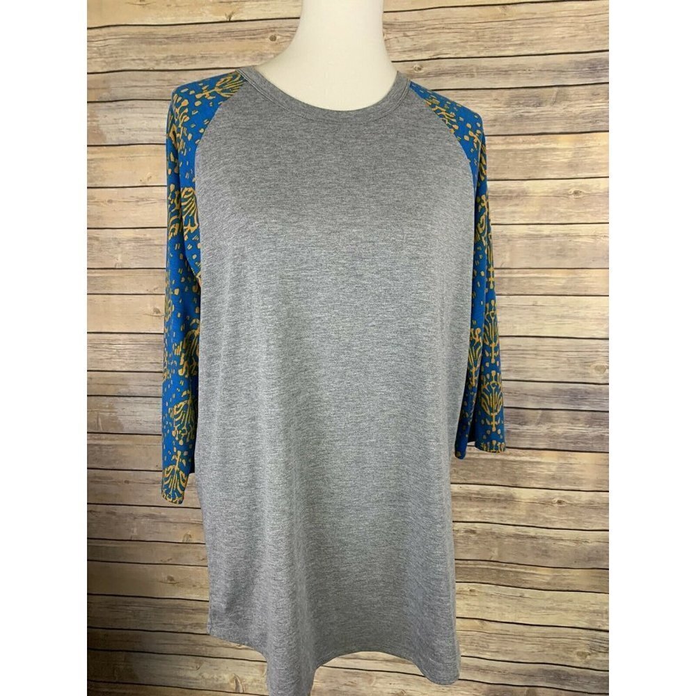Lularoe Plus 2X Randy Raglan Gray Rounded Hem Blue